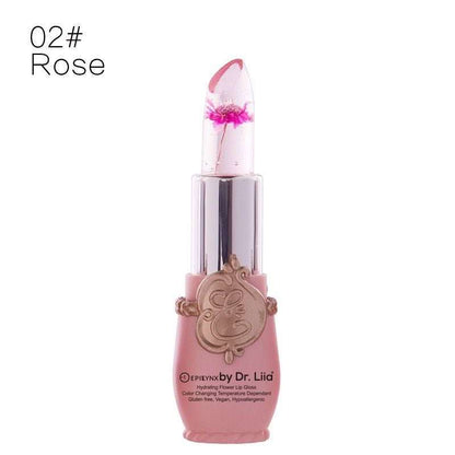 Color-changing flower lip gloss, rose shade tube with purple flower tip and pink base