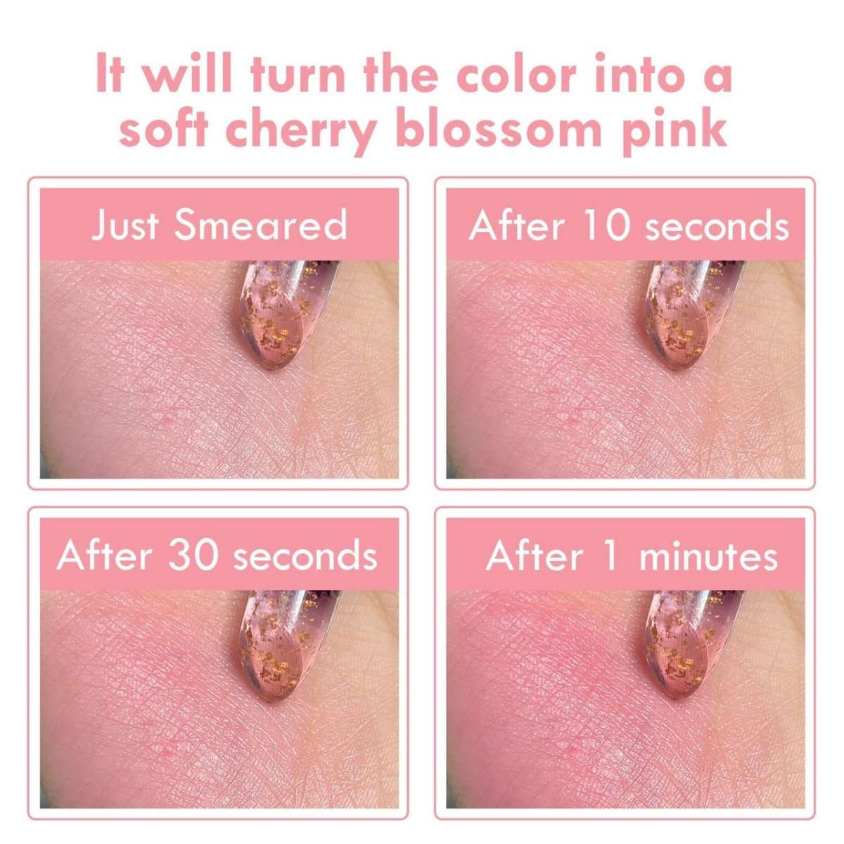 Color-changing flower lip gloss swatch progression on skin, orange drop texture