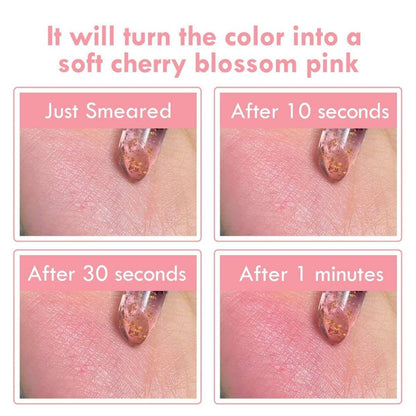 Color-changing flower lip gloss swatch progression on skin, orange drop texture