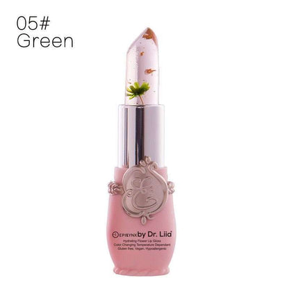 Green flower color-changing lip gloss in clear tube with pink base