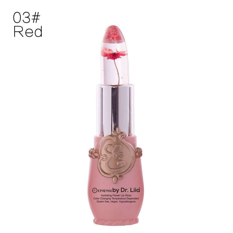 Red color-changing flower lip gloss in clear tube with pink base