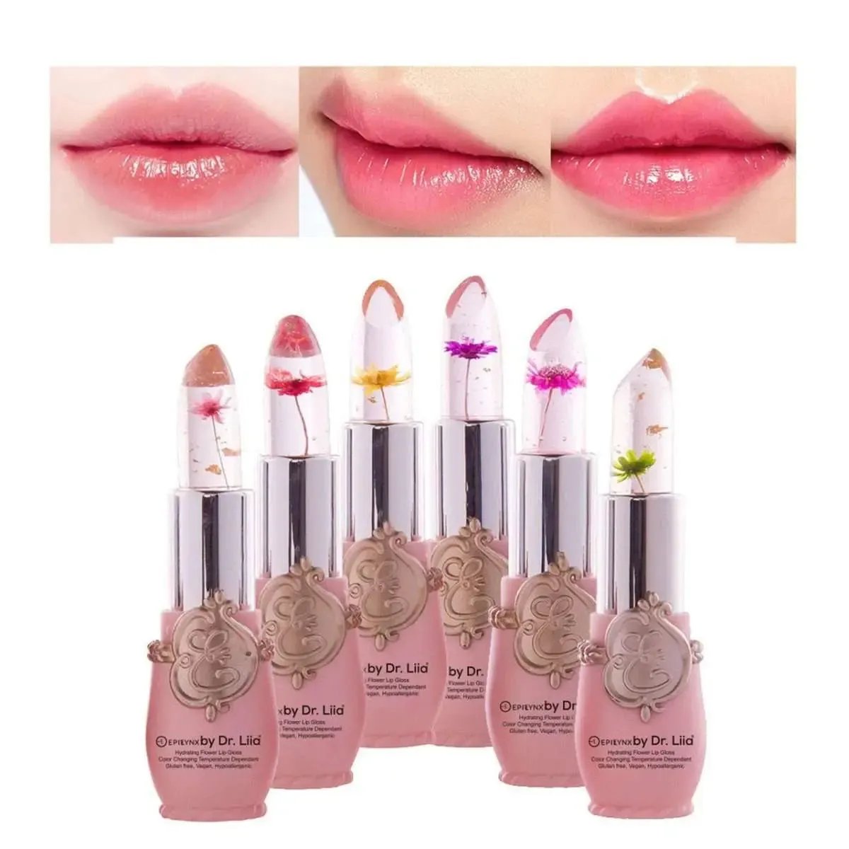 Color-Changing Flower Lip Gloss – Vegan, Gluten-Free, Hydrating Lip Balm EpiLynx pink flower #1 rose flower #2 red flower #3 pink flower #1-rose flower #2-red flower #3-yellow flower #4-green flower #5-purple flower #6-