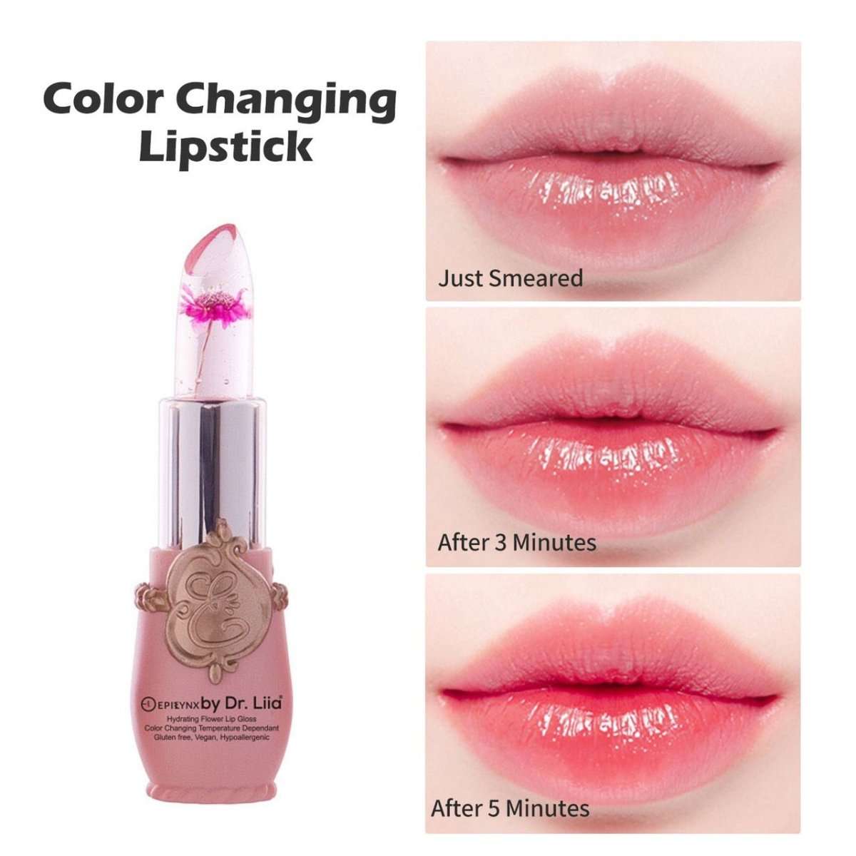 Color-changing flower lip gloss with lipstick and swatched lips in soft pink