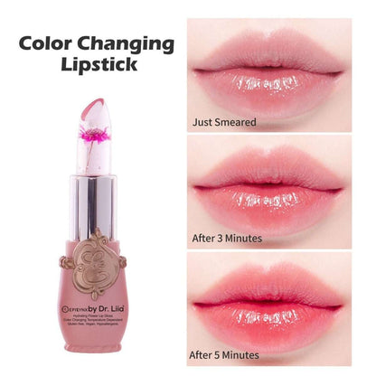 Color-changing flower lip gloss with lipstick and swatched lips in soft pink