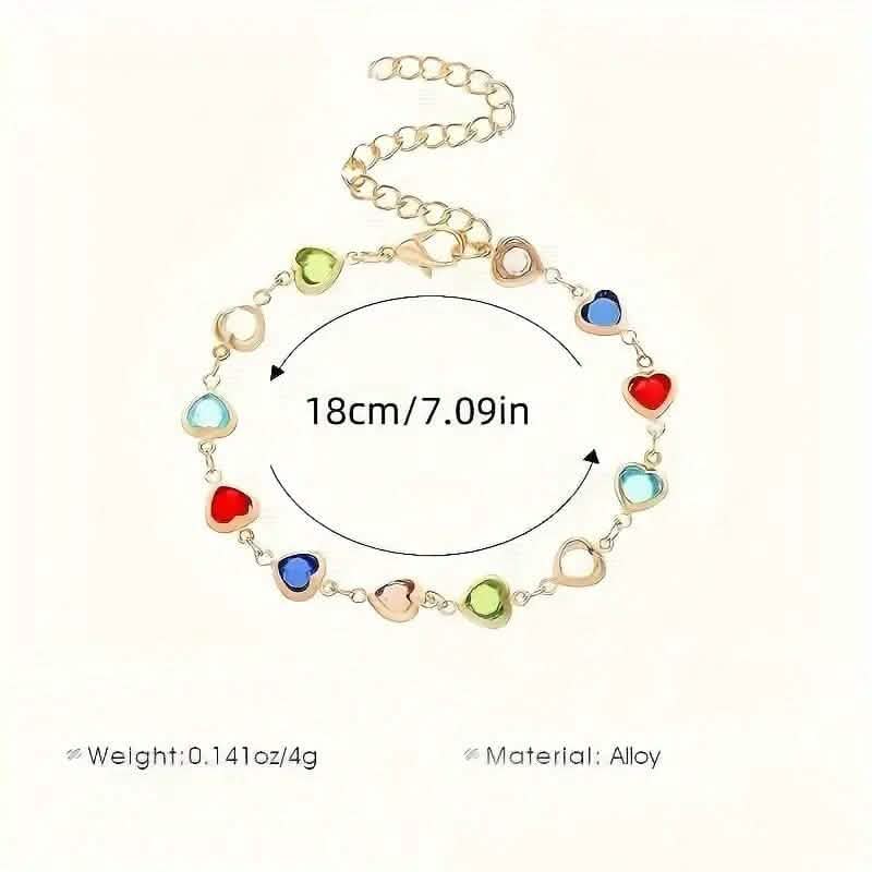 Heart-stone bracelet with multicolor charms, 18cm length shown in diagram view