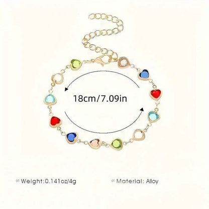 Heart-stone bracelet with multicolor charms, 18cm length shown in diagram view