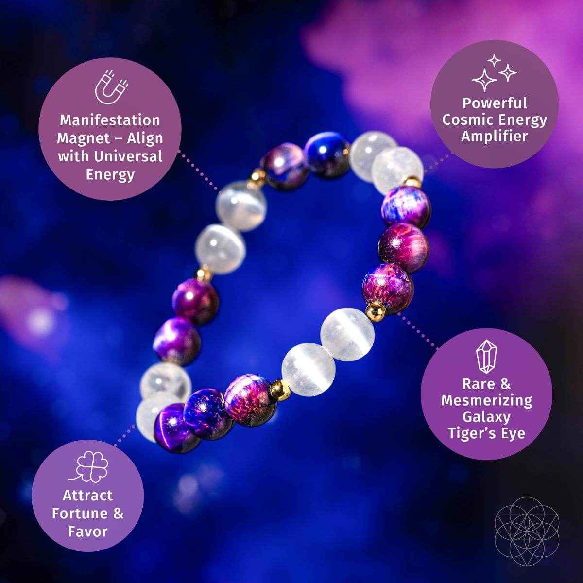 Purple and white gemstone bead bracelet with gold spacers, stretchy round beads