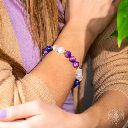 Gemstone bead bracelet on arms, purple beads and white translucent beads