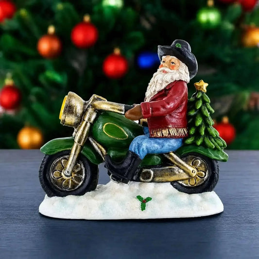 Cowboy Santa Riding Motorcycle LED Figurine - 8.5" Resin Christmas Decor Cartsfy Inc.