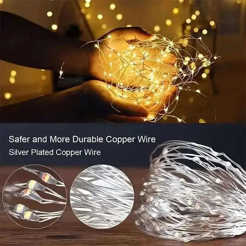 Warm white copper-wire LED string lights, flexible silver-plated strands.