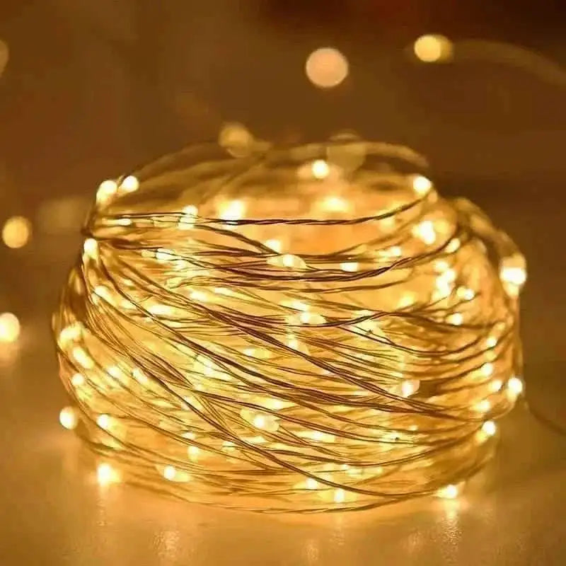Warm white LED string lights with copper wire in coiled bundle.
