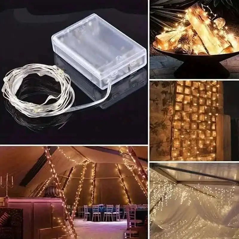 Warm white LED string lights with clear battery box, hanging strands.