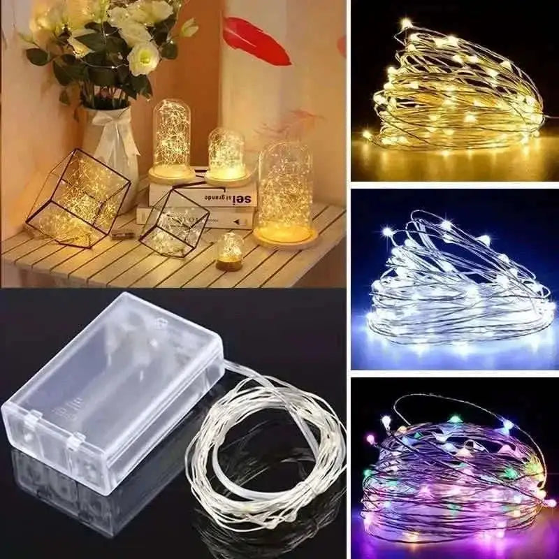 Warm white LED string lights with clear battery box and bundled cord.