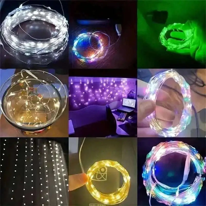 Color-changing LED string lights with clear controller box and coil wire.