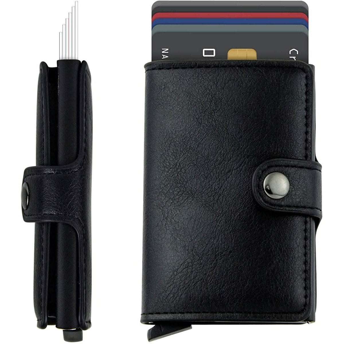 Black genuine leather credit card holder with snap strap and metal credit card clip