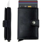 Black genuine leather credit card holder with snap strap and metal credit card clip