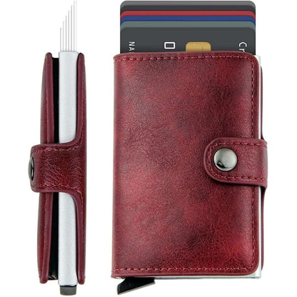 Burgundy genuine leather card holder with snap strap and metal credit card clip