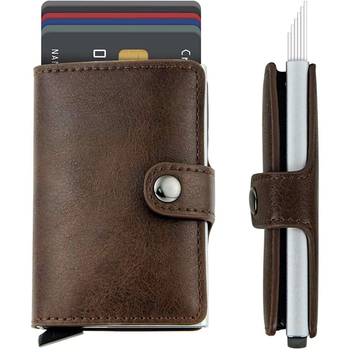 Dark brown genuine leather card holder with snap strap and metal credit card clip