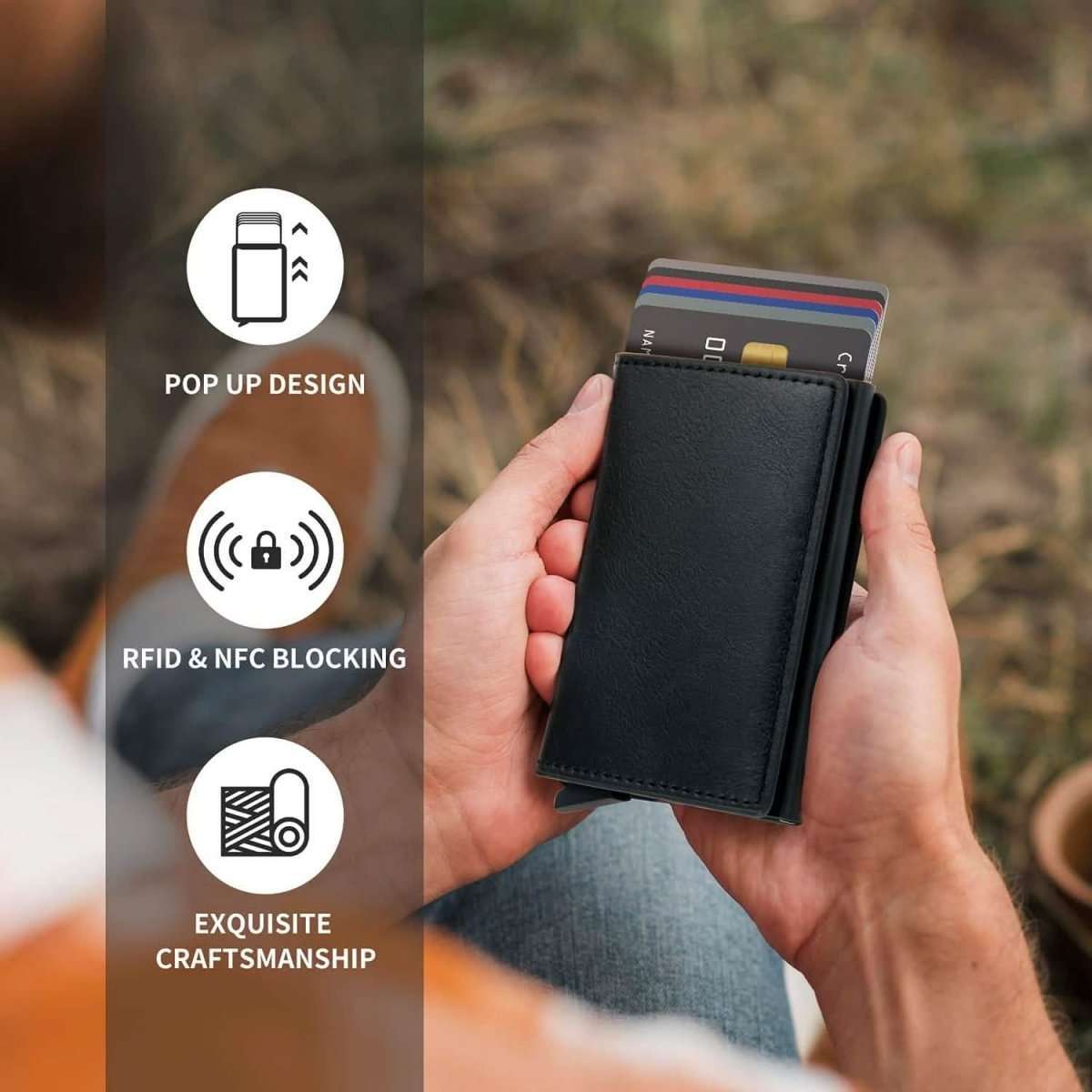Black leather card holder in hand with pop-up card slots
