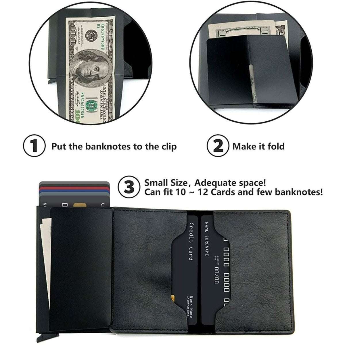 Black leather card holder open with inner slots and metal bill clip