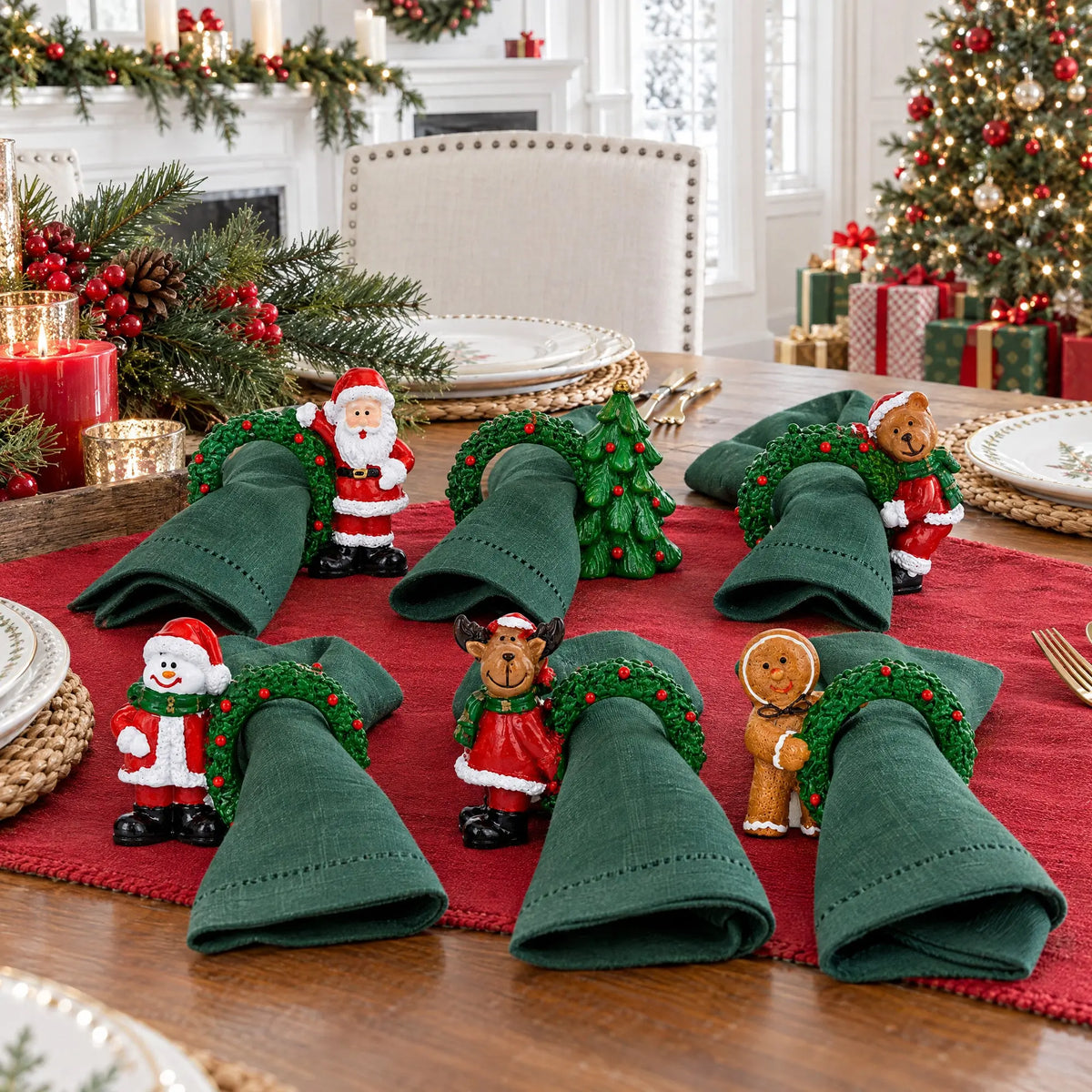 Set of 6 Santa, Snowman, Reindeer, Christmas Wreath Napkin Rings 2.5 Inches