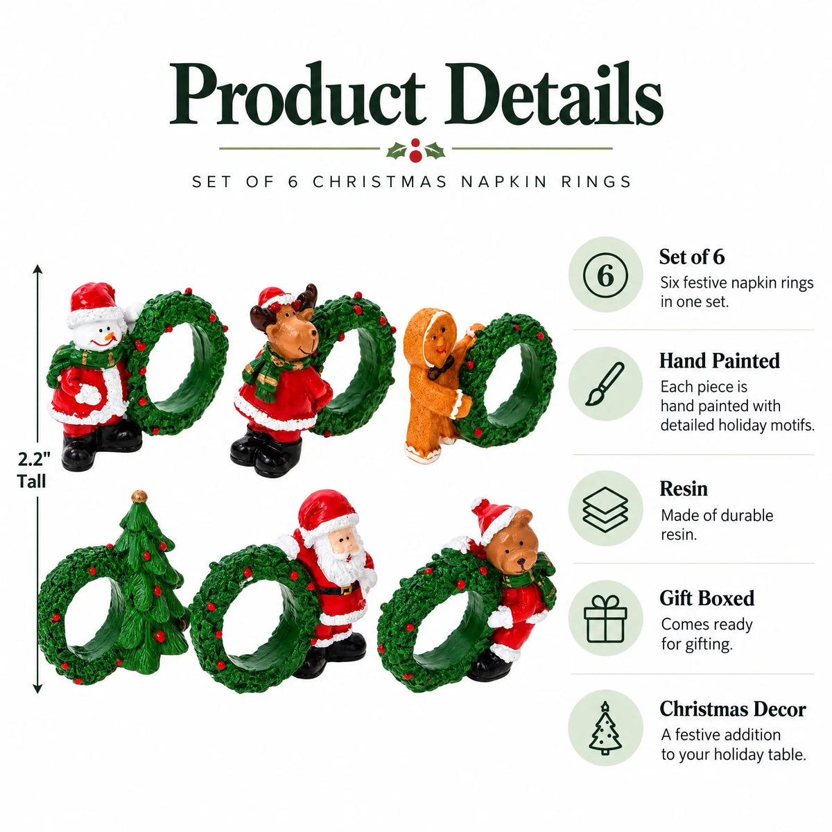 Set of 6 Santa, Snowman, Reindeer, Christmas Wreath Napkin Rings 2.5 Inches