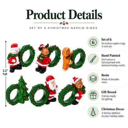 Set of 6 Santa, Snowman, Reindeer, Christmas Wreath Napkin Rings 2.5 Inches