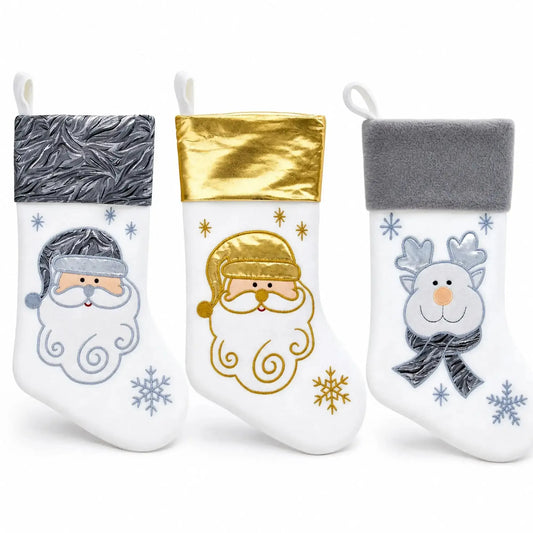 Set of 3 Gold and Silver, on White Felt Santa, Reindeer Christmas Stockings 15 Inches BestPysanky Default Title Default Title-