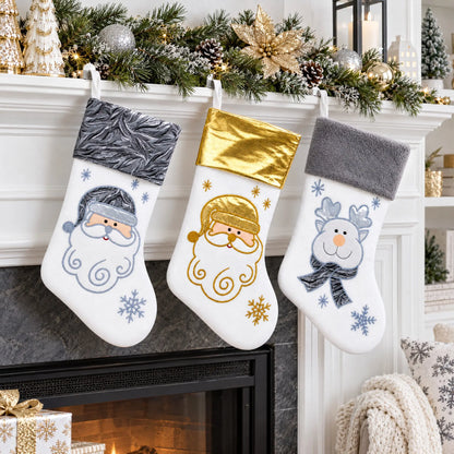 Set of 3 Gold and Silver, on White Felt Santa, Reindeer Christmas Stockings 15 Inches