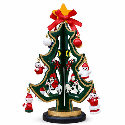 Delightful Wooden Tabletop Christmas Tree with Santa and Miniature Ornaments 6.5 Inches Tall