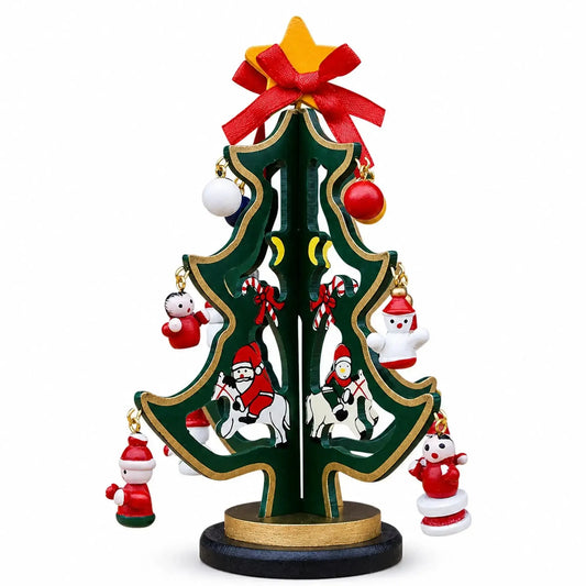 Delightful Wooden Tabletop Christmas Tree with Santa and Miniature Ornaments 6.5 Inches Tall BestPysanky Default Title Default Title-