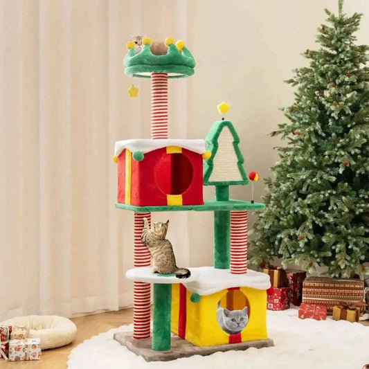 Cute Christmas Cat Tree Cat Tower for Indoor Cats with Scratching Posts and Carpet-Multicolor