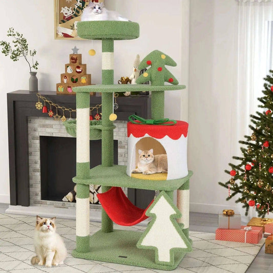 Cute Christmas Cat Tree with Sisal Scratching Posts and Gift Box Shaped Condo-Green Cartsfy Inc.