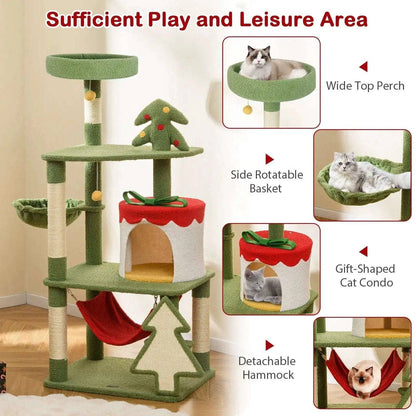 Cute Christmas Cat Tree with Sisal Scratching Posts and Gift Box Shaped Condo-Green Cartsfy Inc.
