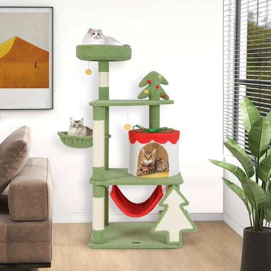 Cute Christmas Cat Tree with Sisal Scratching Posts and Gift Box Shaped Condo-Green Cartsfy Inc.