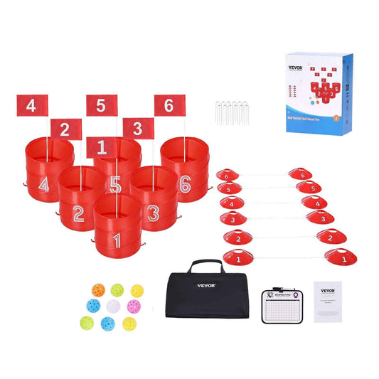6-hole portable bucket golf game set with red targets, ball markers, and carry bag