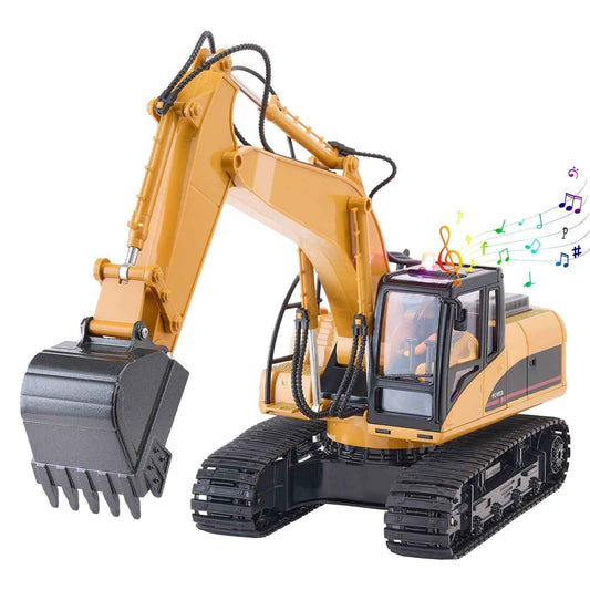 Yellow 1:14 scale remote control excavator toy with digging bucket and rubber tracks