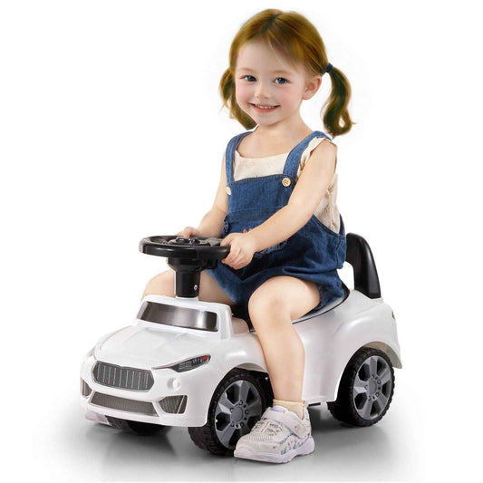White toddler ride-on push car with steering wheel and front grille