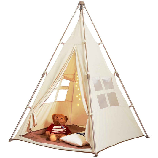 Kids beige teepee play tent with open doorway and two fabric window panels