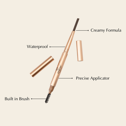 Eyebrow pencil with built-in brush wand; labeled waterproof and precise applicator