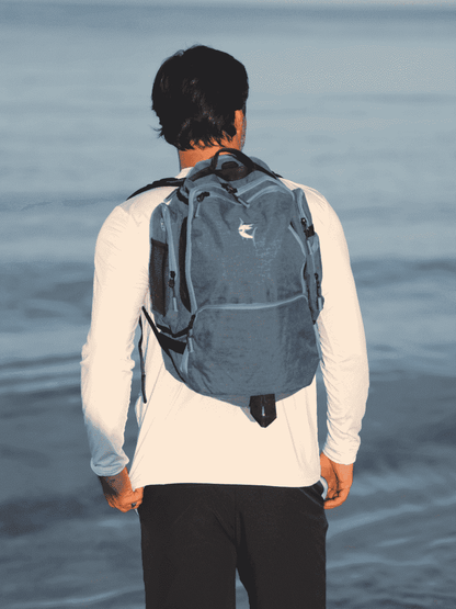 Blue day trip backpack on back with padded straps and top grab handle