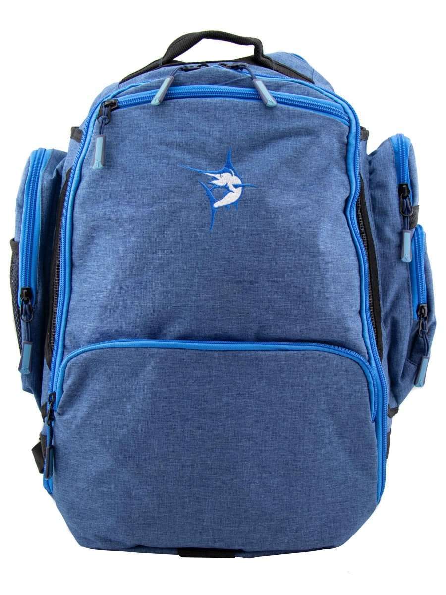 Blue day trip backpack with front pocket, blue zippers, and whale logo badge