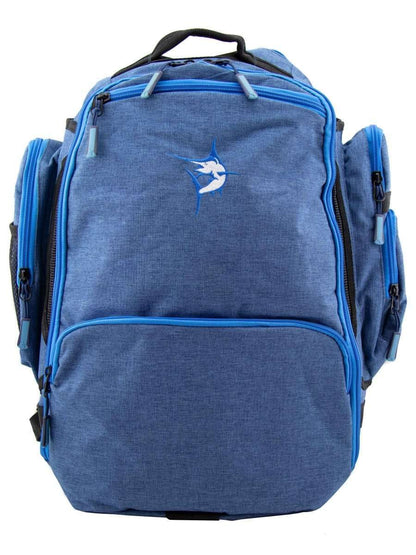 Blue day trip backpack with front pocket, blue zippers, and whale logo badge