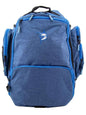 Blue day trip backpack with front pocket, blue zippers, and whale logo badge