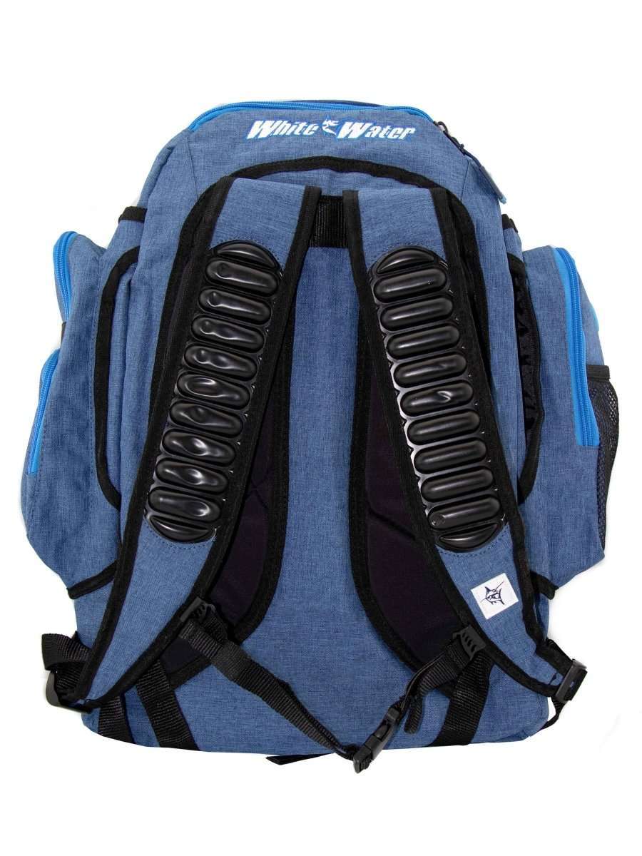 Blue day trip backpack back view with padded shoulder straps and top handle
