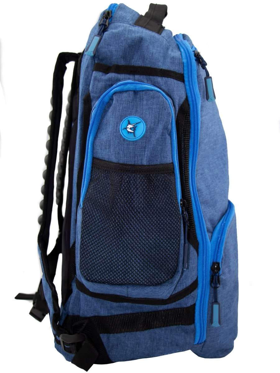 Blue day trip backpack side view with mesh front panel and whale logo round badge