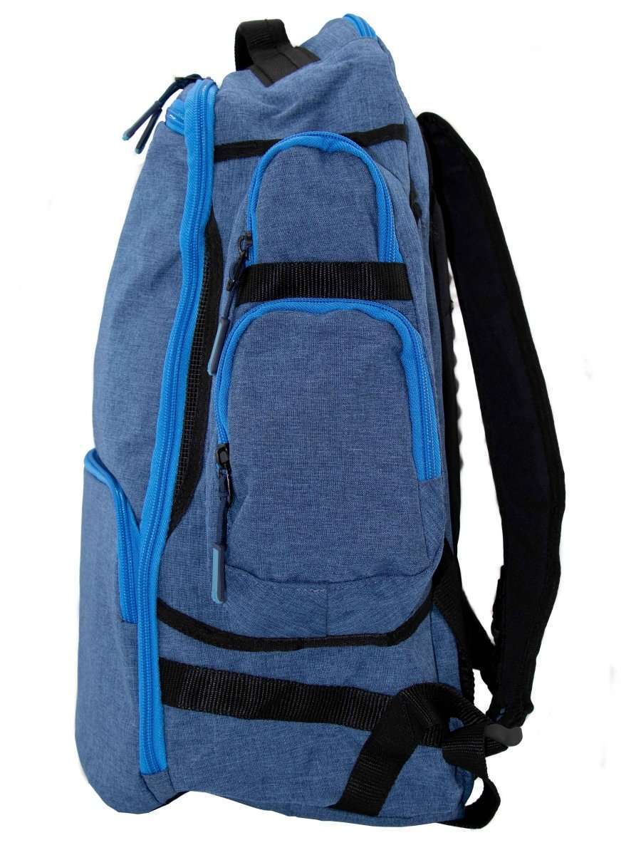 Blue day trip backpack side view with front zip pocket and black strap details