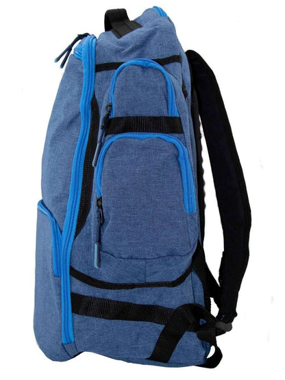 Blue day trip backpack side view with front zip pocket and black strap details
