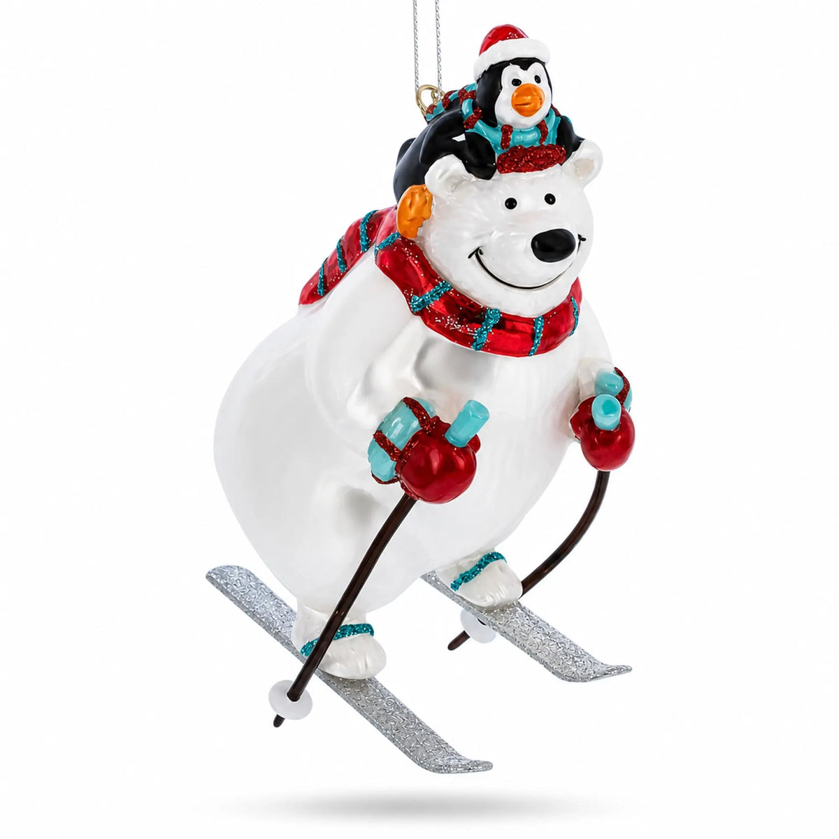 Skiing Polar Bear with Penguin Glass Christmas Ornament