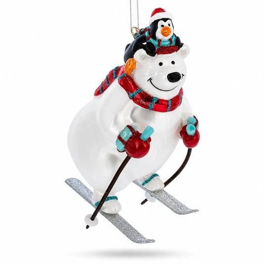 Skiing Polar Bear with Penguin Glass Christmas Ornament BestPysanky Default Title Default Title-